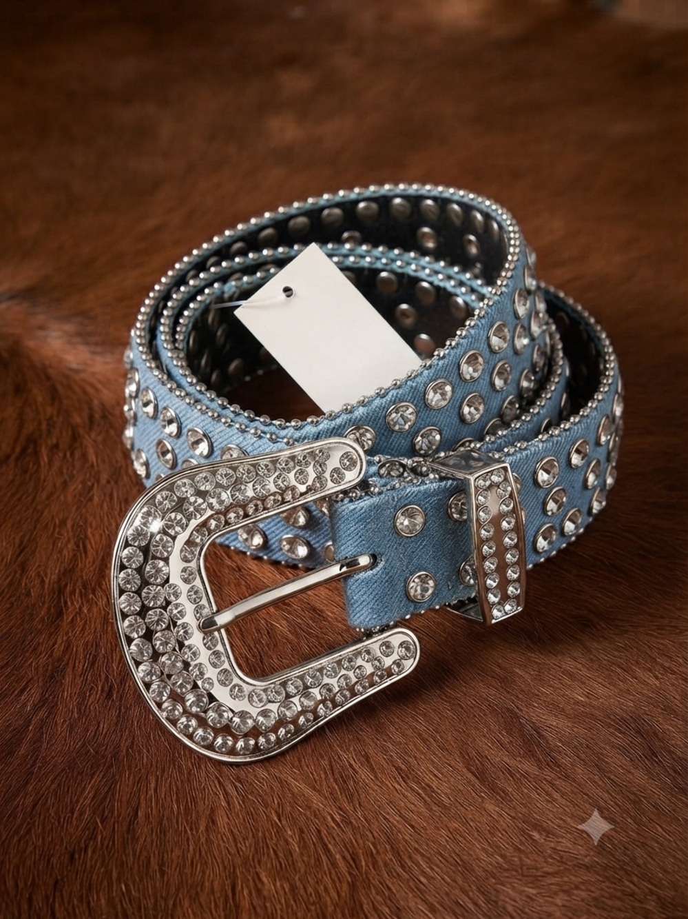 NWT True Love Rhinestone Bling Western Cowboy Belt - Light Blue Denim, Size s/m